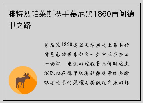 腓特烈帕莱斯携手慕尼黑1860再闯德甲之路