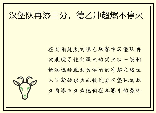 汉堡队再添三分，德乙冲超燃不停火