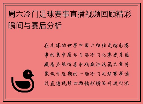 周六冷门足球赛事直播视频回顾精彩瞬间与赛后分析